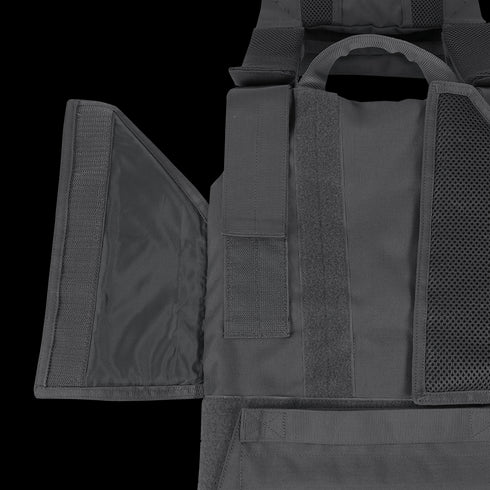 A close-up of the Condor Phalanx Plate Carrier shows its black material, adjustable straps, and open side panel, highlighting detailed fastenings.